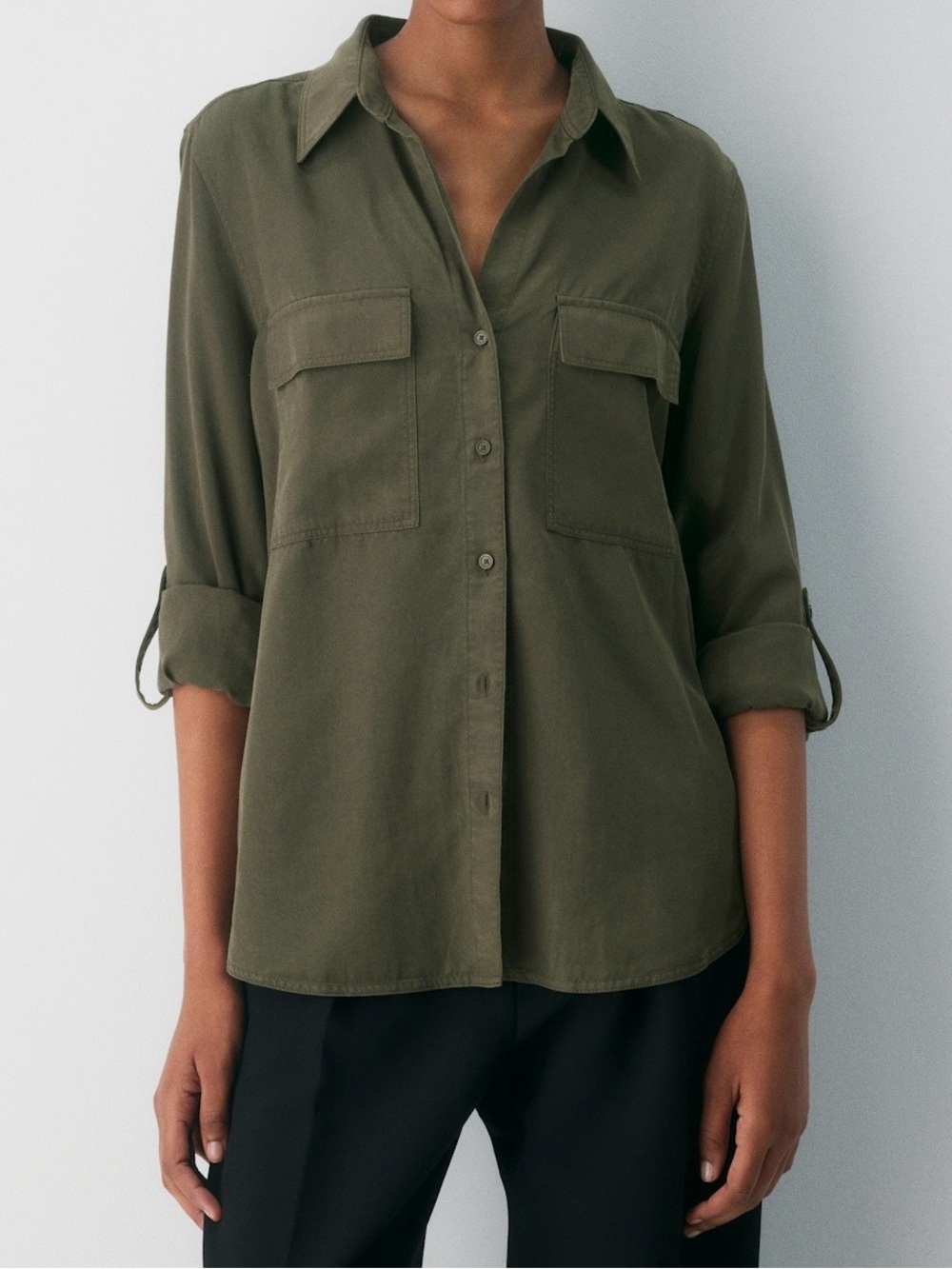Laundry by Shelli Segal Olive Green Utility Button Down Roll Tab Sleeve Blouse L